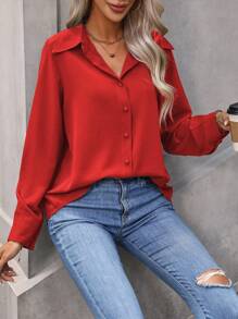 SHEIN LUNE Women's Solid Color Long Sleeve Shirt - Burnt Orange - View 6