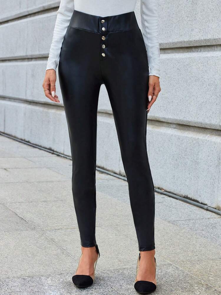 Button-Front Slim Fit Pu Leather Pants