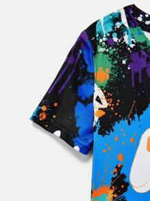 SHEIN 2入組青年男孩休閒圓領短袖印花t恤和短褲貼身睡衣套裝 - 彩色 - 查看 4