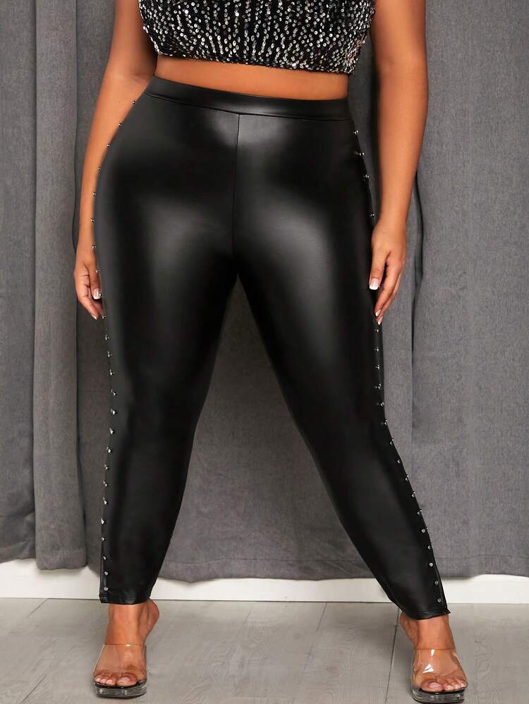 Plus Size High-Waisted Long Leggings With Coated Fabric And Side Slits At Hem