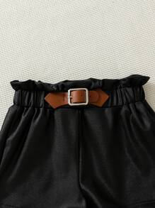 嬰兒女孩人造皮革套裝,與皮革搭扣短褲和帽子搭配 - 黑色 - 查看 4