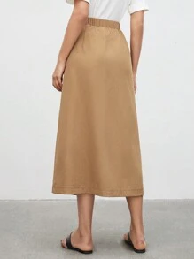 SHEIN BIZwear 女款純色高開衩半身裙 - 卡其色 - 查看 2