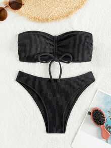 Strapless & Drawstring Two-Piece Bikini Set Summer Beach - Black - View 1