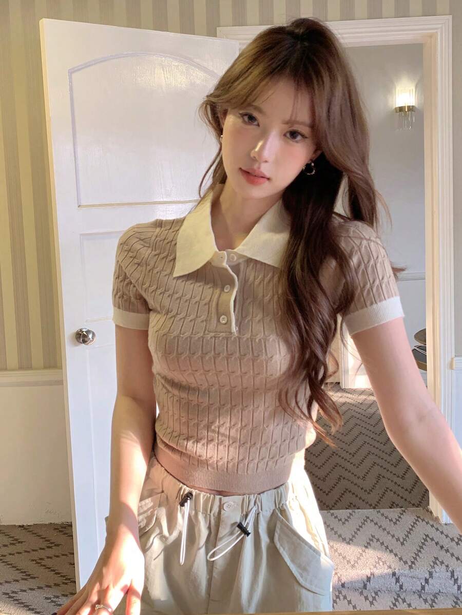 DAZY 女士對比色撞色翻領針織上衣