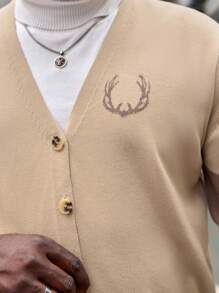 Manfinity VCAY Áo len cardigan cài nút họa tiết gạc hươu cỡ lớn cho nam, dành cho mùa thu đông - Màu Khaki - Xem 4