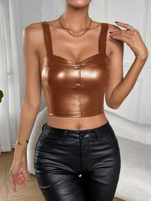 SHEIN Privé Của phụ nữ Da giả Dày Dây đeo Cami ngọn - màu nâu - Xem 5