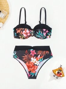 SHEIN Swim Women's Tropical Plant Printed Bikini Set With Push Up, Underwire Carnival Summer Beach