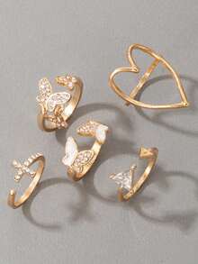 ROMWE 5入組簡單時尚合金鑲鑽蝴蝶吊墜,空心大心形和設計戒指為女性設計,適用於約會禮物 - 金色 - 查看 2