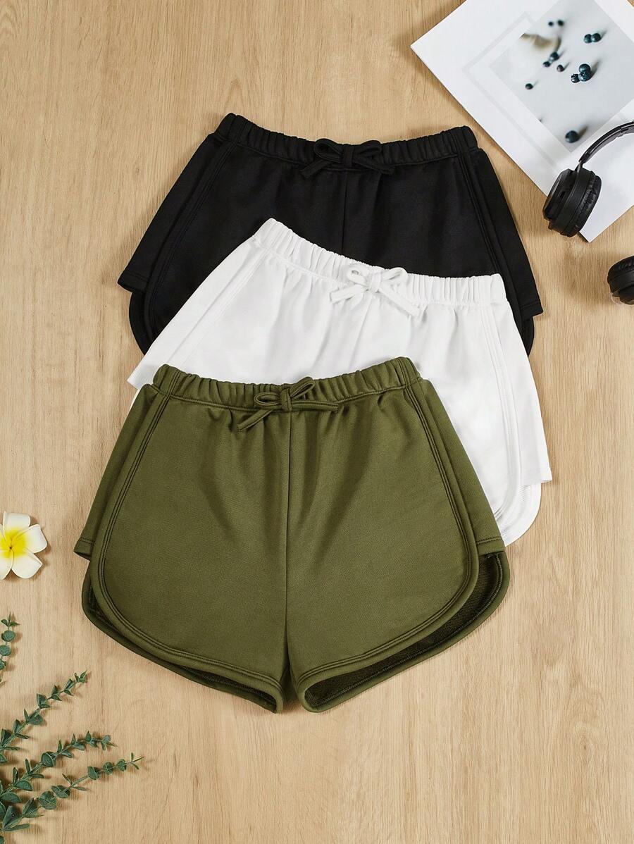 3pcs/Pack Three-Piece Set Of Knit Solid Color Bowknot Detail Casual Shorts For Tween Girls, School, Campus, College