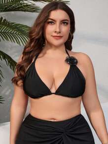 SHEIN Swim Curve 大码女式 3d 花朵装饰泳衣上衣 - 黑色 - 查看 5