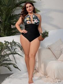 Swim Lushoire Plus Size Floral Print Open Back Halter One-Piece Swimsuit - Multicolor - View 3