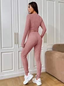 SHEIN EZwear 字母拼接針織女裝套裝 - 藕粉色 - 查看 2
