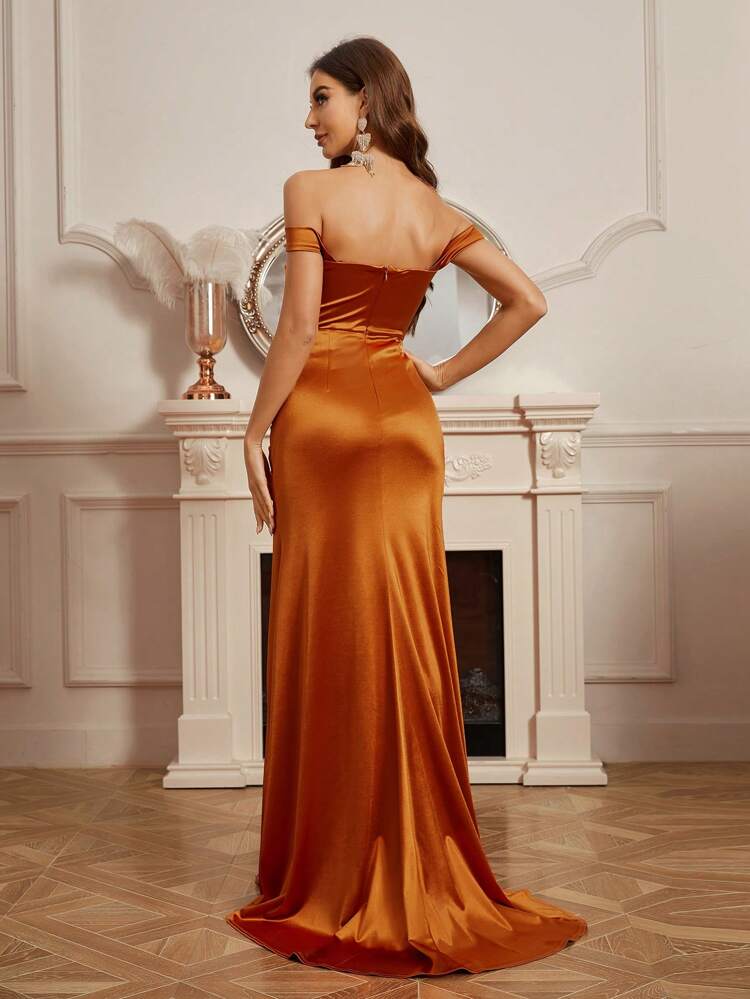 Off Shoulder Slit Pleated Dress For Women's Evening Party