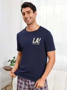 Men'S Slogan Printed Home Wear Top - Navy Blue - View 1