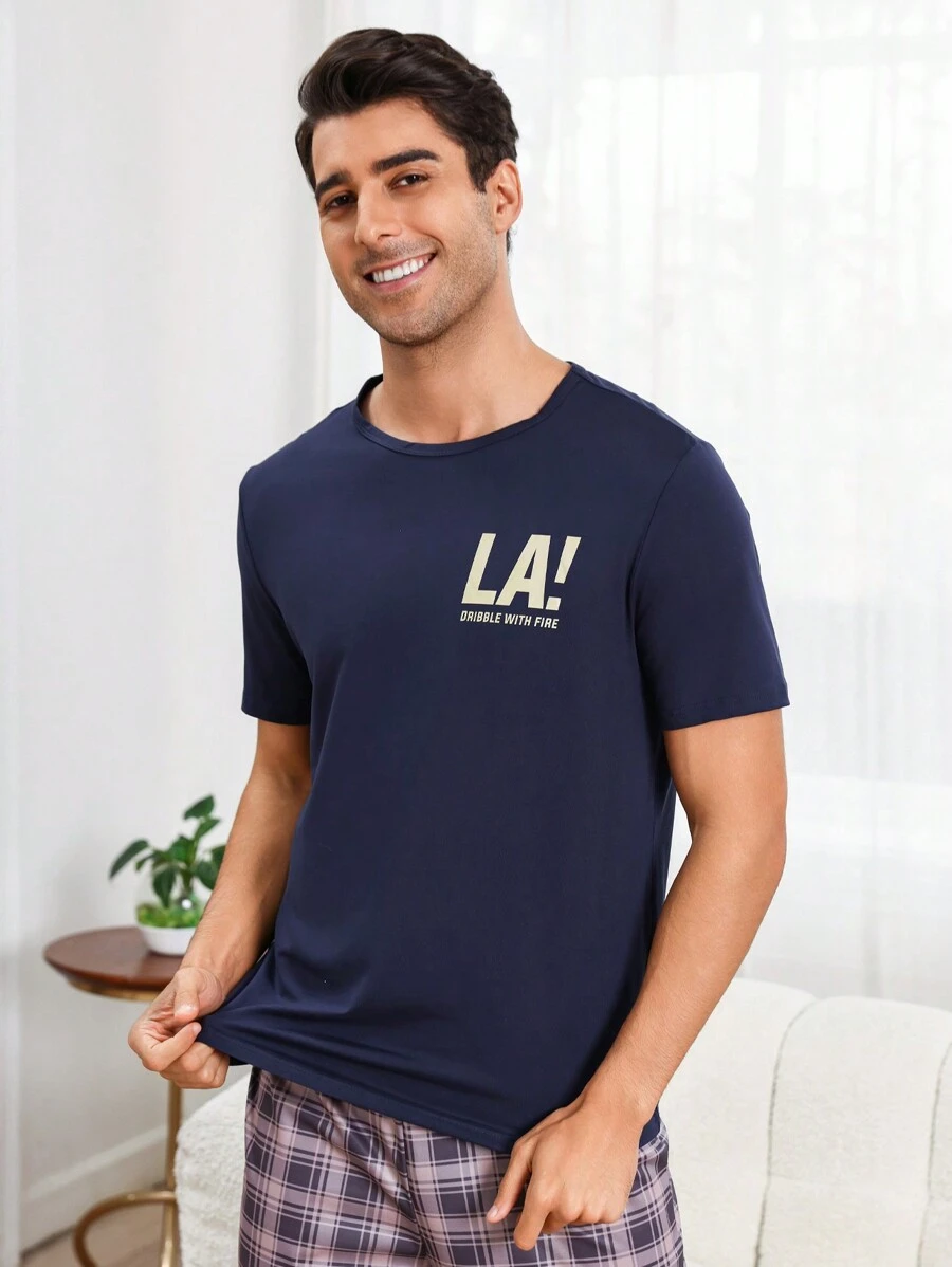 Men'S Slogan Printed Home Wear Top - Navy Blue - View 1