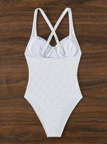 SHEIN Swim Summer Beach Solid Color Underwire One-Piece Swimsuit With Crossed Back Wedding - White - View 5