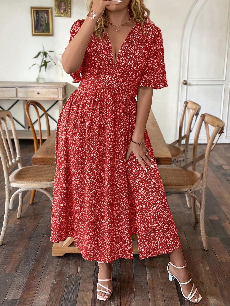 SHEIN Clasi 大码波西米亚风女式花卉印花束腰连衣裙，适合夏季 - 紅色 - 查看 1