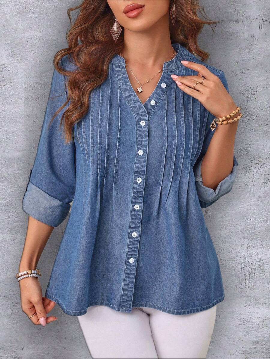 SHEIN LUNE Cuộn tay áo Áo denim Áo khoác Với Ngực đơn Nút Khép kín - Màu xanh lam - Xem 1