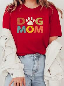 SHEIN Essnce Của phụ nữ Lá thư Và In nét mỏng Mẫu In Áo thun - Đỏ - Xem 1