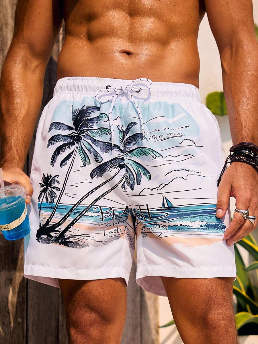 Manfinity Swimmode 男士熱帶印花束口腰海灘短褲 - 彩色 - 查看 1
