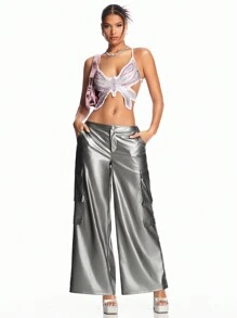 SHEIN BAE 女式實色金屬質感低腰寬腿工裝褲,帶有3d口袋 - 銀色 - 查看 7