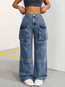 SHEIN ICON Của phụ nữ Cargo Denim Quần Với Nhiều Túi - Màu xanh lam - Xem 4