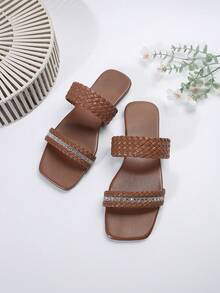 Dép trang trí bằng đá Rhinestone có quai và thiết kế hở mũi, màu nâu - màu nâu - Xem 6