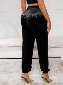 SHEIN SXY 除夕女用水鑽貼片毛絨運動褲 - 黑色 - 查看 1