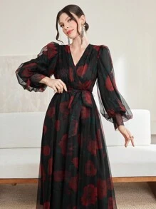 Modelyn Women's Rose Printed Mesh Modest Long Lantern Sleeve Dress With Belt Long Evening Dresses - Multicolor - View 4