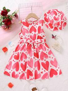 SHEIN Little Girls' Sleeveless Heart Printed Dress With Belt And Hat, Spring/Summer - Red - View 1