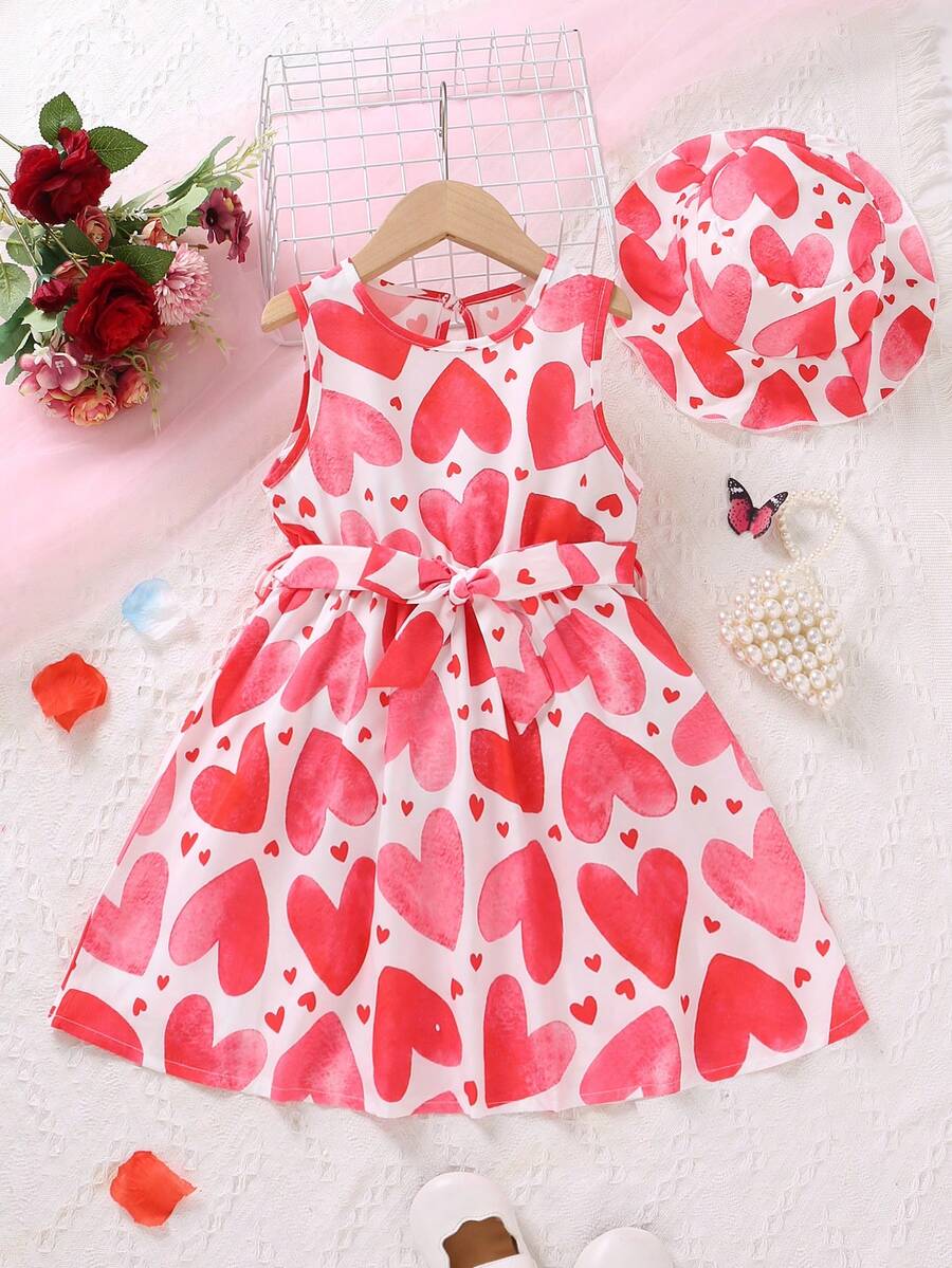 SHEIN Little Girls' Sleeveless Heart Printed Dress With Belt And Hat, Spring/Summer - Red - View 1