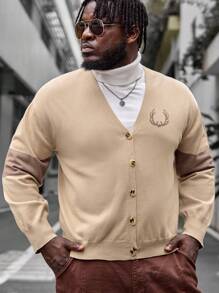 Manfinity VCAY Áo len cardigan cài nút họa tiết gạc hươu cỡ lớn cho nam, dành cho mùa thu đông - Màu Khaki - Xem 1
