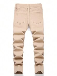 青少年男孩彈性破洞牛仔褲 - 杏色 - 查看 2