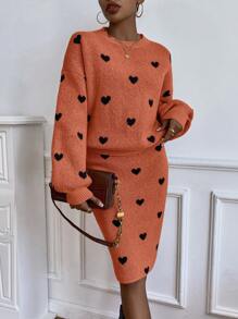SHEIN Slayr 女式愛心圖案毛衣裙 - 橘色 - 查看 1