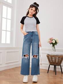 Teen Girl'S Casual Low Rise Wide Leg Jeans With Distressed Detailing - Medium Wash - View 3