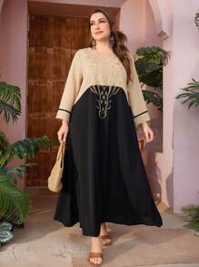 Al Najma Kích thước lớn Của phụ nữ Khối màu Tay áo dài Đầm - màu đen - Xem 1