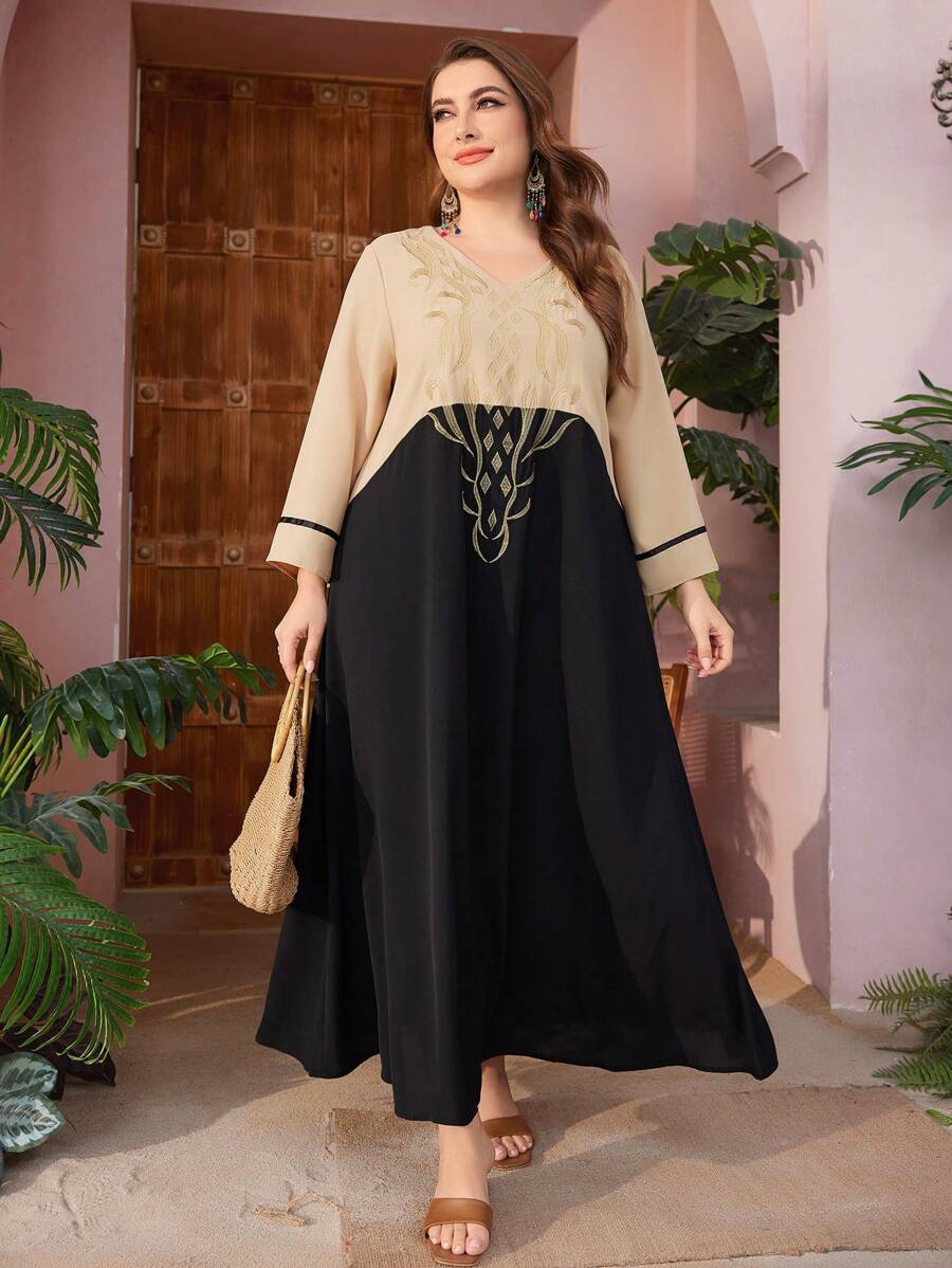 Al Najma Kích thước lớn Của phụ nữ Khối màu Tay áo dài Đầm - màu đen - Xem 1