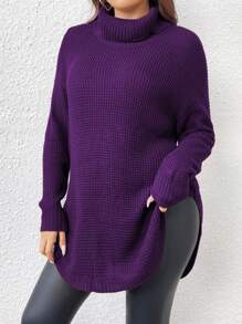 SHEIN LUNE Plus Size Solid Color Turtleneck Long Sleeve Sweater With High Low Hem Pullover - Purple - View 1