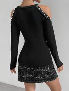 SHEIN Privé Của phụ nữ Ngọc trai đính cườm Off Shoulder Thon gọn Áo thun Với Vòng cổ - màu đen - Xem 2