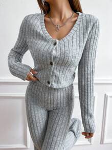 SHEIN Unity Women's Ribbed Long Sleeve Top And Flared Pants Set - Grey - View 4