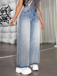 SHEIN ICON 女士寬腿牛仔褲 - 藍色 - 查看 3