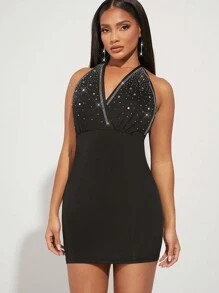 Hauture Rhinestone Draped Backless Halter Dress - Black - View 2
