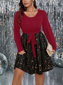 SHEIN Clasi 針織羅紋碎花星星印花連帶腰帶鬆緊裙裝,大碼女裝蕾絲邊裝飾 - 玫紅色 - 查看 5