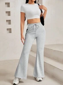 SHEIN PETITE Của phụ nữ In Sao Eo dây rút Quần loe - Xám - Xem 4