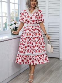 SHEIN Unity Plus Size Women'S Floral Printed Short Sleeve Dress