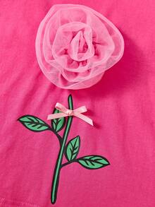 幼童女孩針織純色網花蓬袖t恤和網紗分層裙子套裝 - 粉色 - 查看 3