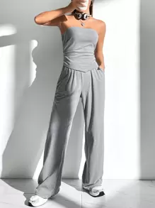 SHEIN EZwear 女士不对称下摆露肩上衣和裤子套装 - 灰色 - 查看 1