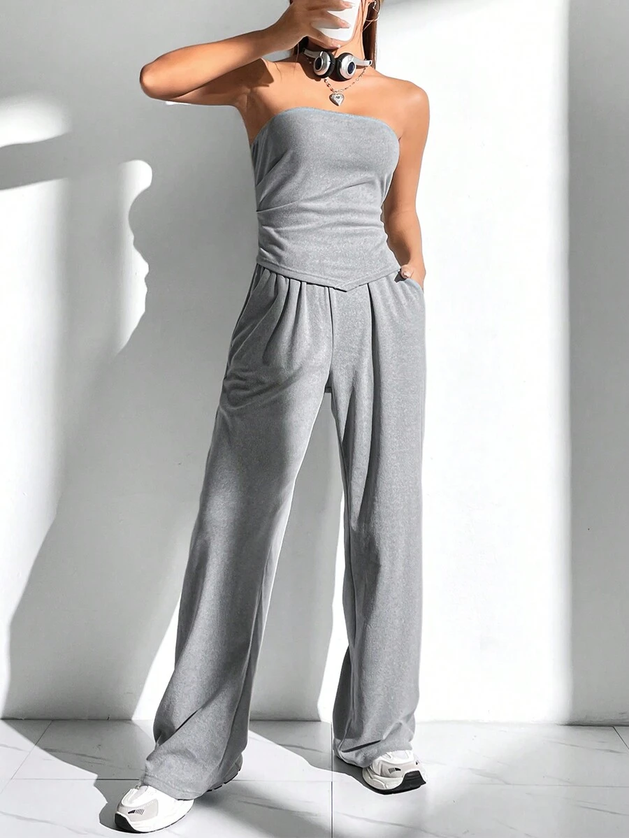 SHEIN EZwear 女士不对称下摆露肩上衣和裤子套装 - 灰色 - 查看 1