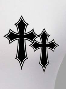 SHEIN Leap Crew Teen Girl Casual Cross Pattern T-Shirt, Suitable For Spring And Autumn - White - View 3