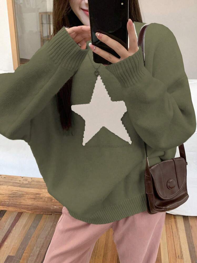 DAZY Women's Drop Shoulder Sweater With Star Pattern - Green - View 2